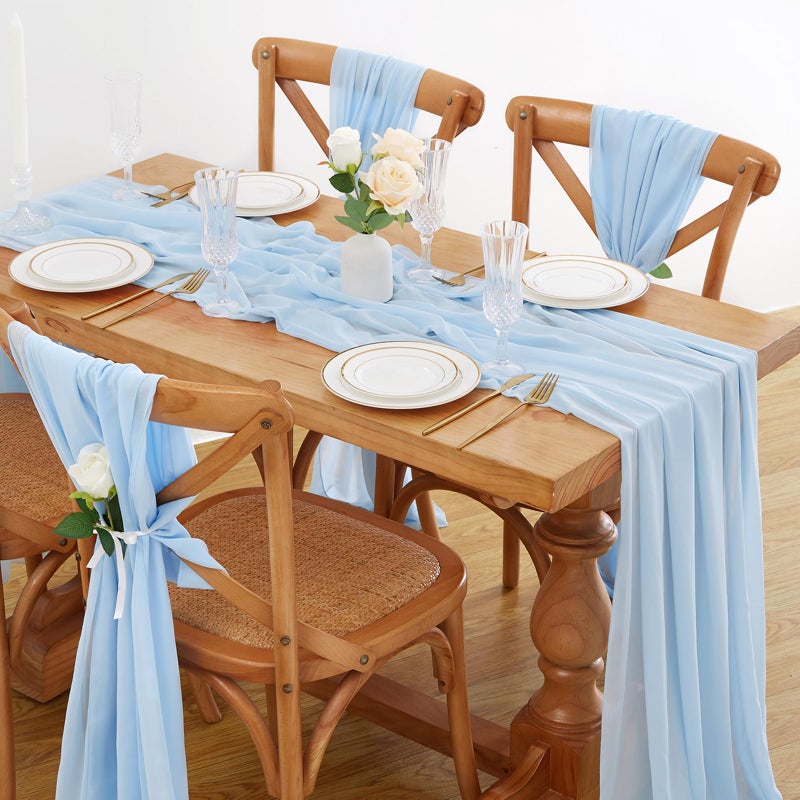 SoarDream Blue Table Runner 2 Pieces 27x120 Inches Sheer Chiffon Fabric 10Ft Rustic Wedding Runners for Wedding Baby Shower Decorations - Image 2